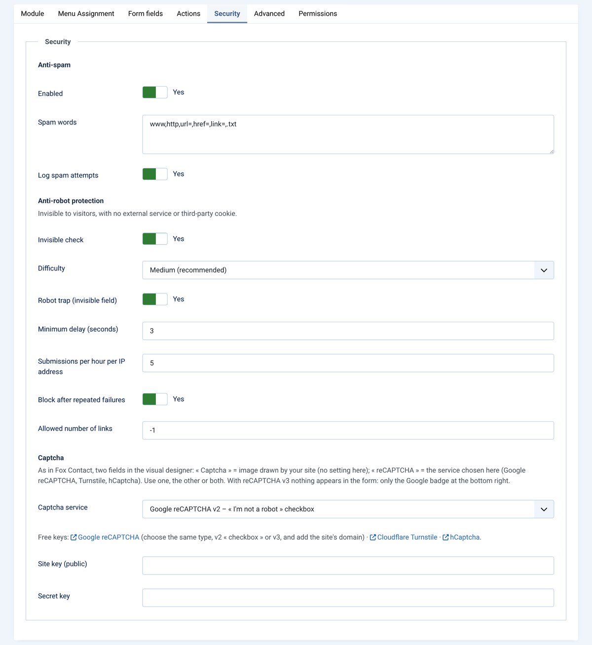 Security tab: invisible anti-spam and captcha